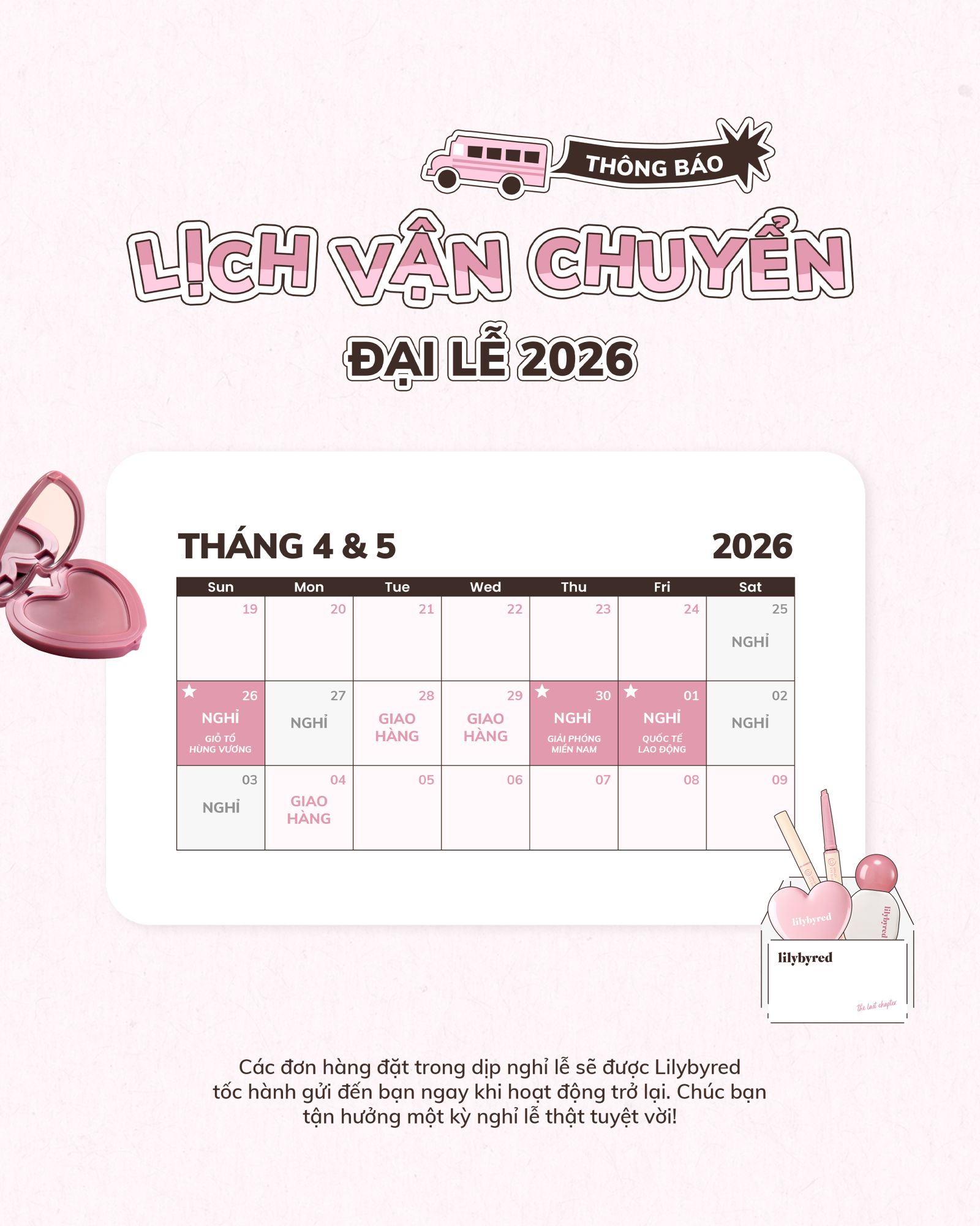 📢 THÔNG BÁO LỊCH VẬN CHUYỂN LỄ GIỖ TỔ VÀ 30-04 & 01-05